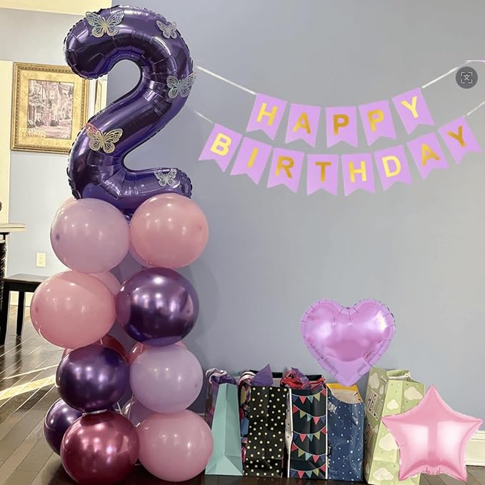 2nd Birthday Decoration for Girls,Pink Purple 2nd Balloon Number 2