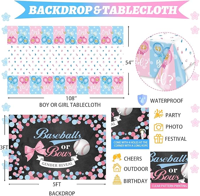 Baseball or Bows Gender Reveal Decorations 171 PCs Boy or Girl