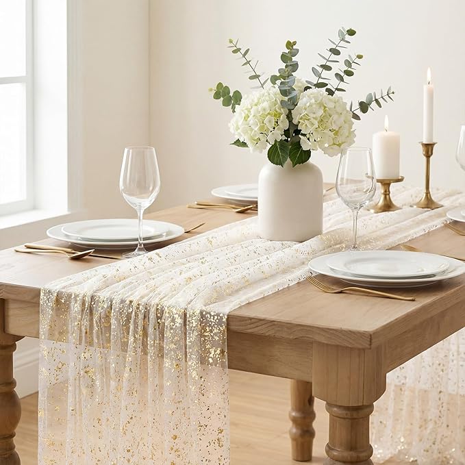 Artoid Mode Beige Gold Gauze Table Runner 59x120 Inch 10FT, Glitter