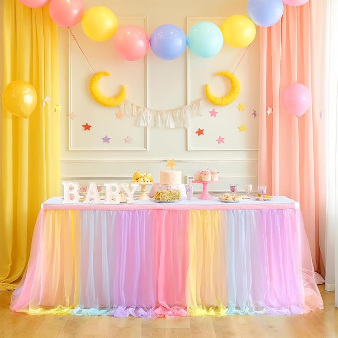 Rainbow Table Skirt for Birthday Party 6ft Unicorn Tulle Tutu Table