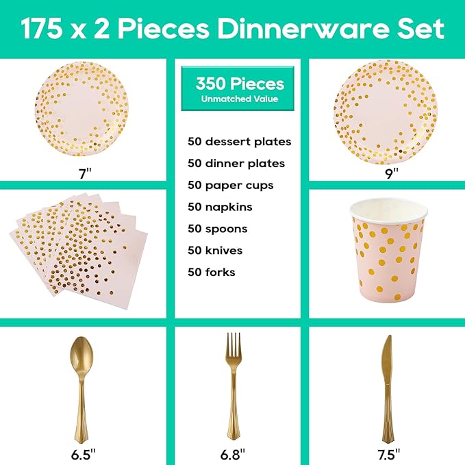 Pink and Gold Party Supplies - 350 PCS Disposable Dinnerware Set -