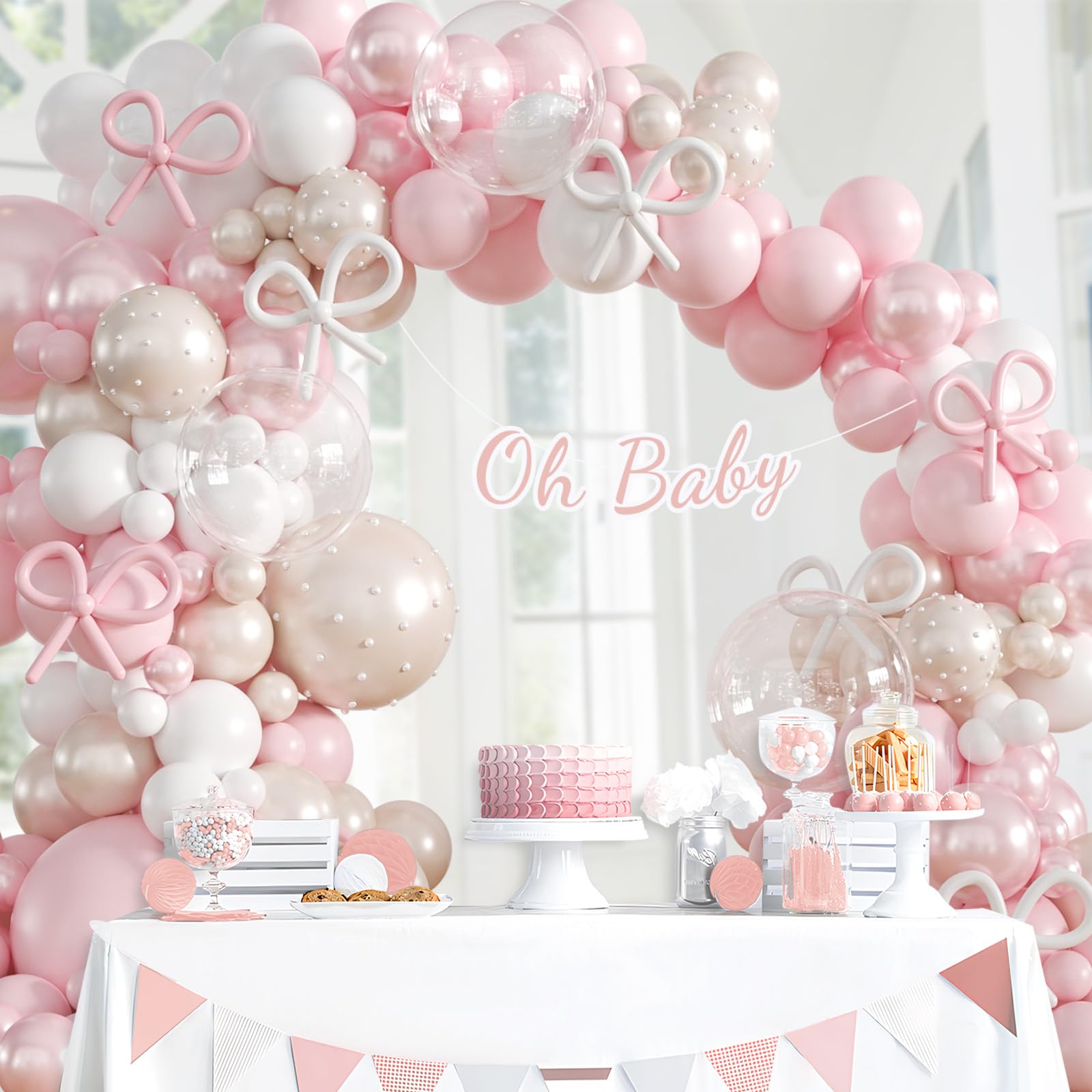 Pink Bow Balloon Arch Kit with Clear Light Pearl Pink and White