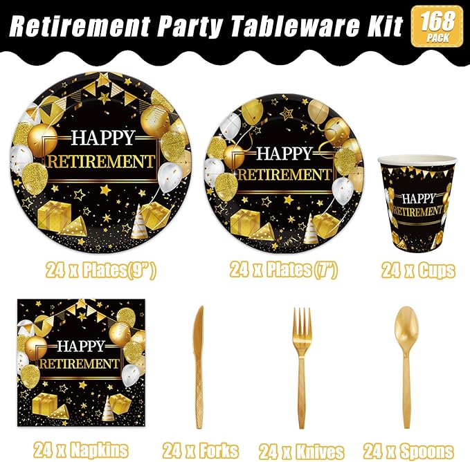 168 Pcs Retirement Party Supplies, Black Gold Happy Retirement Party