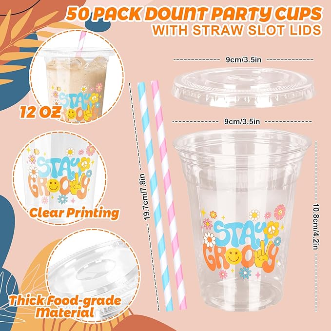 50Pcs Boho Party Plastic Cups 12 oz Stay Groovy Disposable Cups