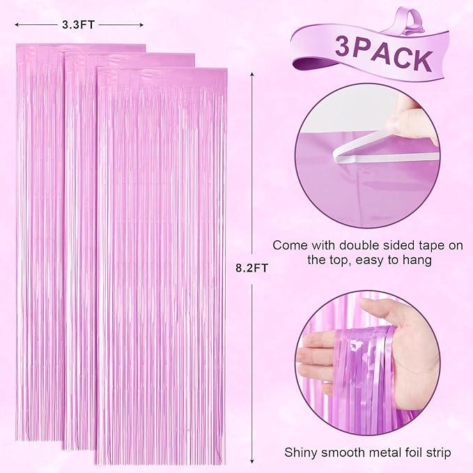 Voircoloria 3 Pack 3.3 x 8.2 ft Pastel Purple Foil Fringe Backdrop