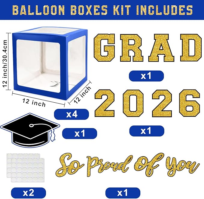 Graduation Decorations Class of 2026 - Blue and Gold Balloons Boxes