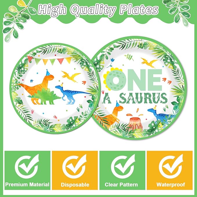 96Pcs One A Saurus Birthday Party Plates and Napkins Dinosaur First