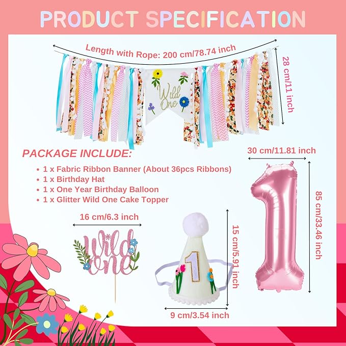 Wild Flower High Chair Banner for First Birthday Party Decoration