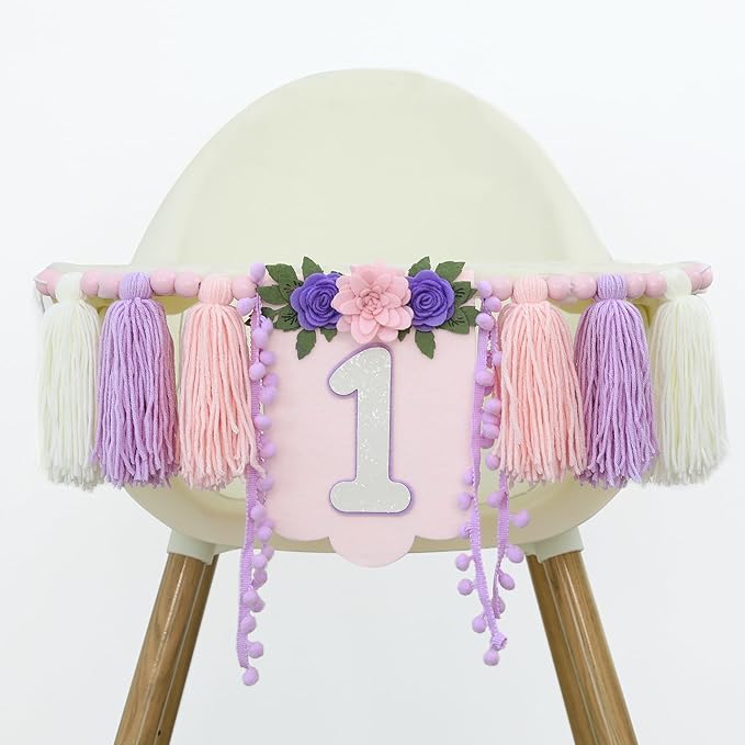 Handmade Wildflower 1st Birthday High Chair Banner Purple Pink