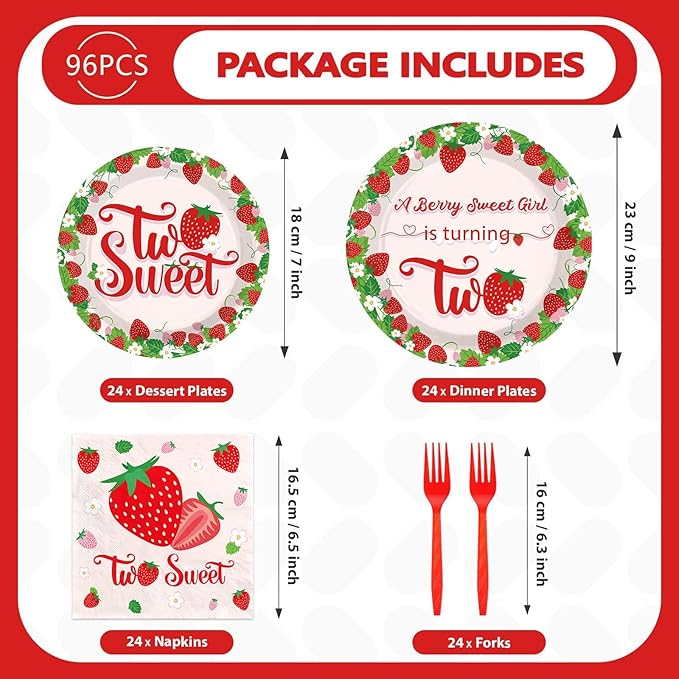 96Pcs Strawberry 2nd Birthday Decorations for Girls Berry Second