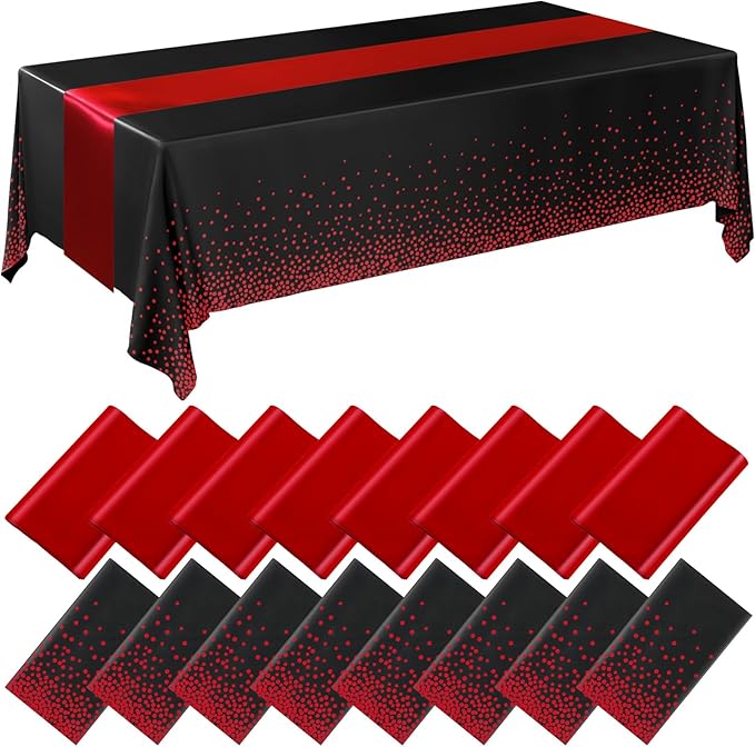 Breling 16 Pack Black and Red Disposable Plastic Tablecloths and