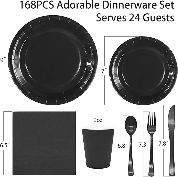 168pcs Black Paper Plates and Napkins for Halloween Birthday