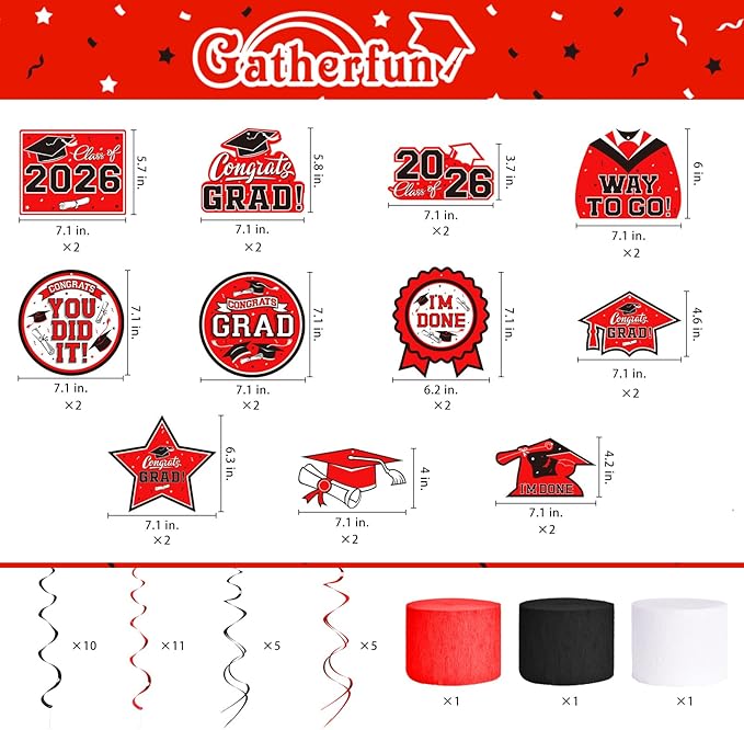 Red Themed 2026 Graduation Decorations Set Congrats Grad Banner