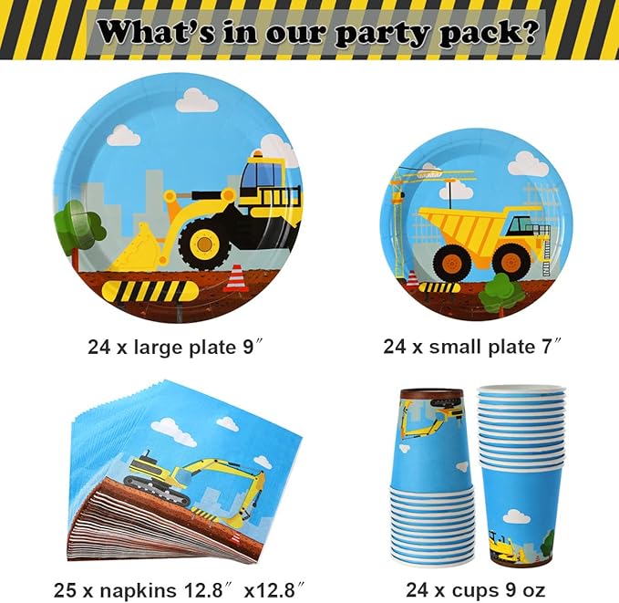 Construction Birthday Party Supplies Set 97 Pieces For Kids Serves