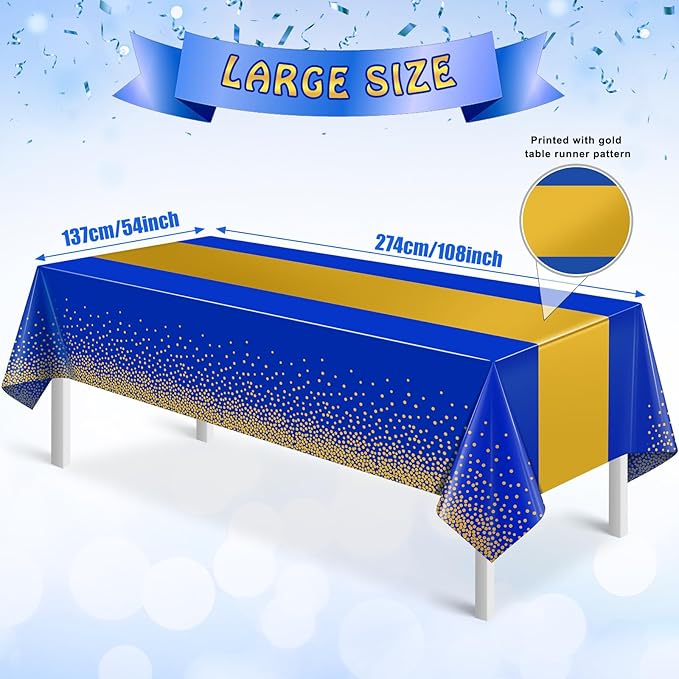 MASHAN 1Pcs Blue Gold Tablecloth Party Decorations,Plastic Royal Blue