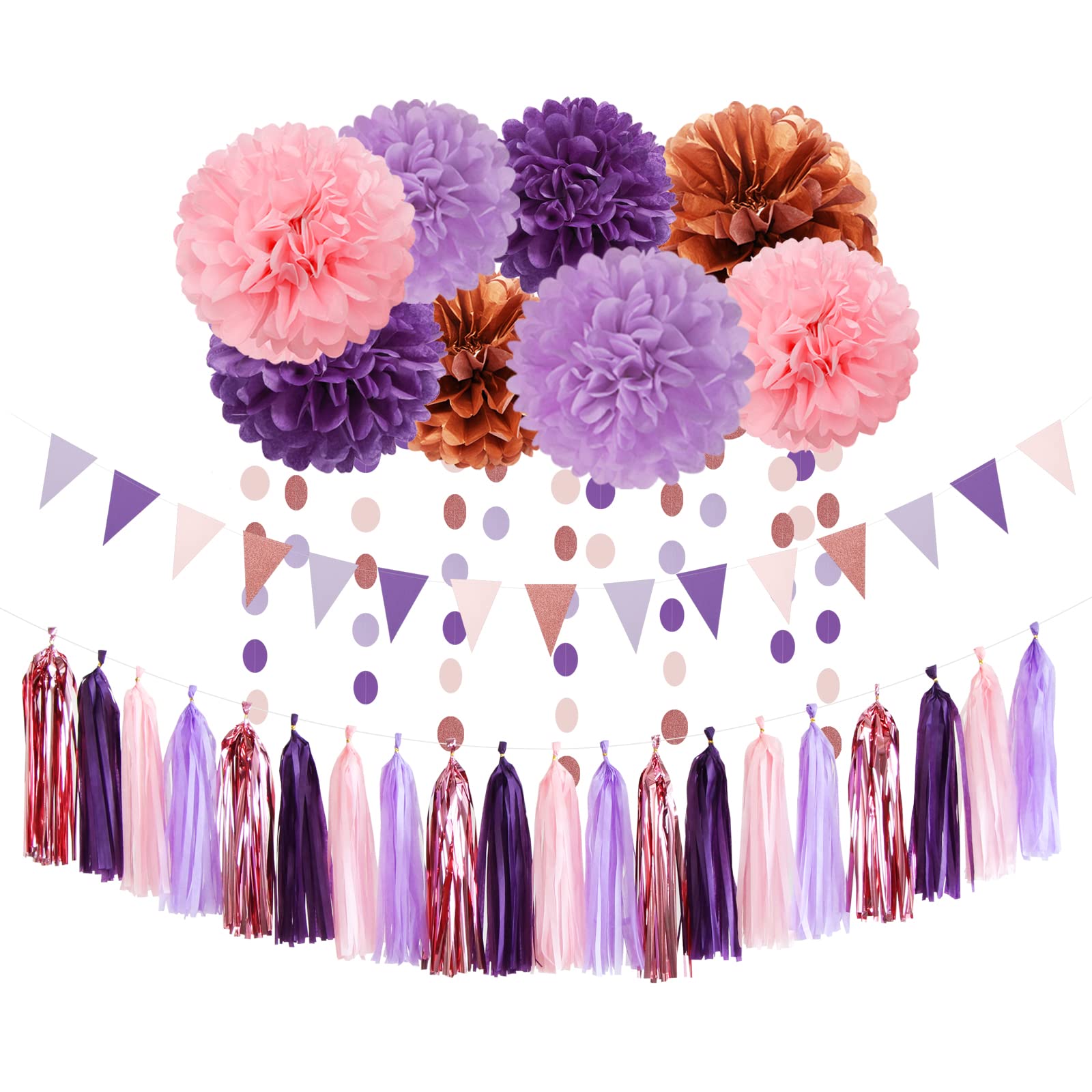 Rose-Gold Pink Purple Party Decorations - 30pcs Tissue Pom Poms