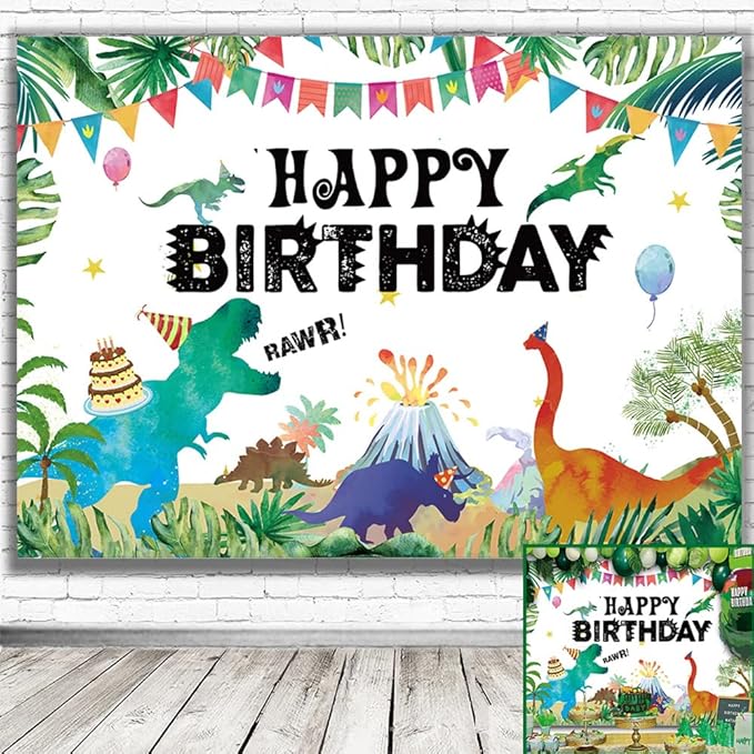 Illiyot Funny Dinosaur Birthday Backdrop 6x3.5ft, Watercolor Dinosaur
