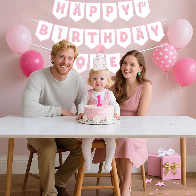 First Birthday Decorations for Girl Pink Bow One Birthday Hat and
