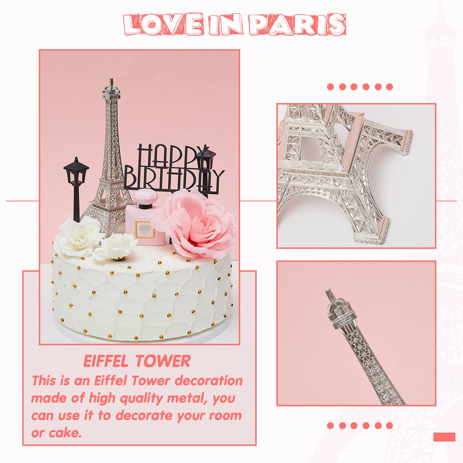 8 Pcs Paris Eiffel Tower Cake Topper Set, 7 Inch Romantic Decor with