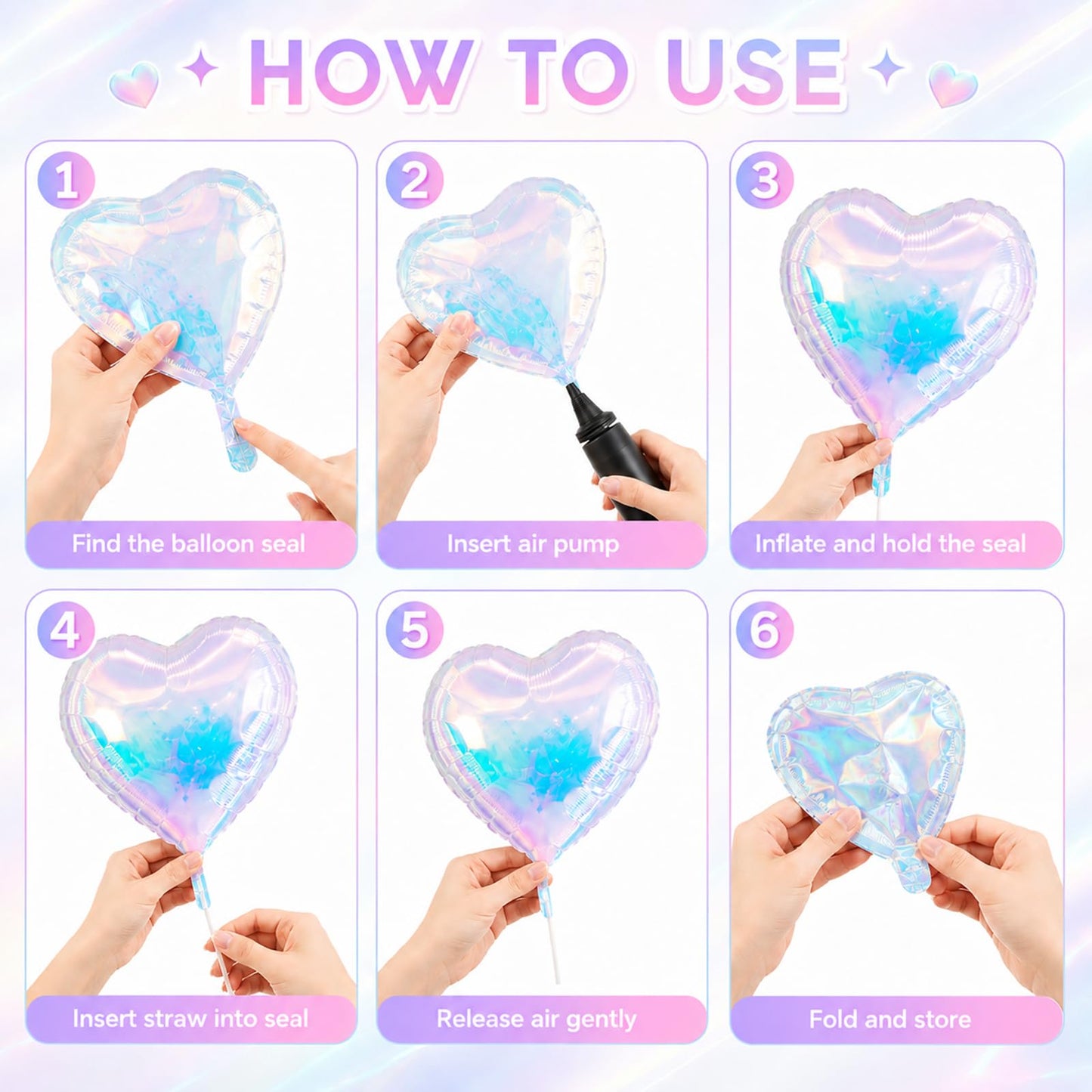 Iridescent Heart Balloons, 10 Pcs 18 Inch Transparent Holographic Foil