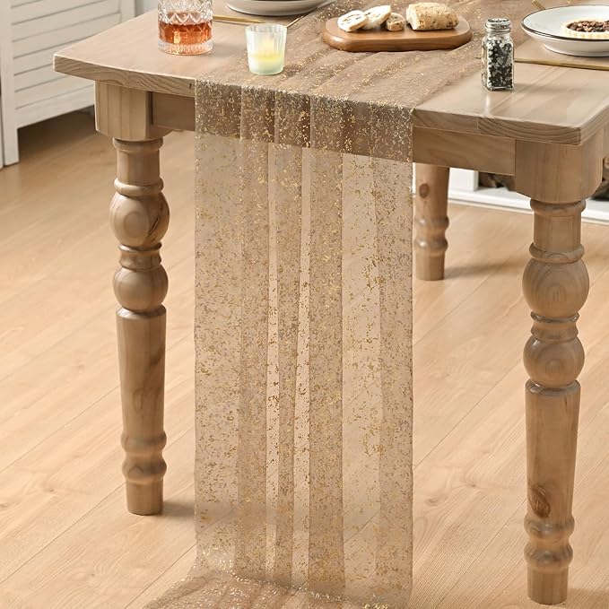 Artoid Mode Coffee Gold Gauze Table Runner 120 Inch 10FT, Glitter