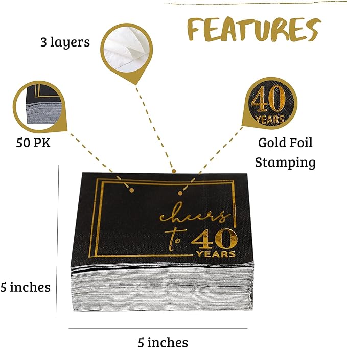 Cheers to Years Cocktail Napkins - 50PK - 3-Ply Birthday Napkins 5x5