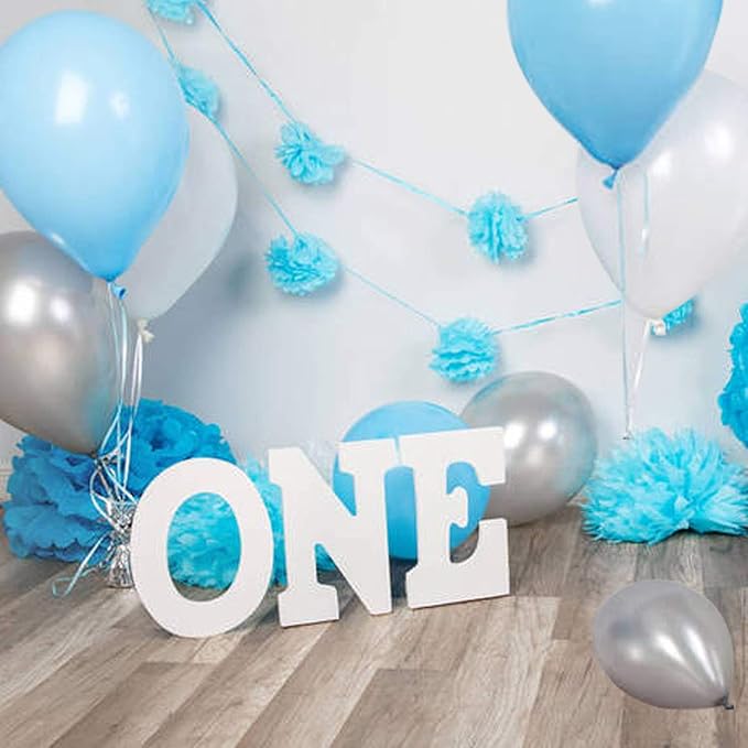 OuMuaMua 62pcs Blue Silver White Confetti Balloons Kit, 12 Inch White