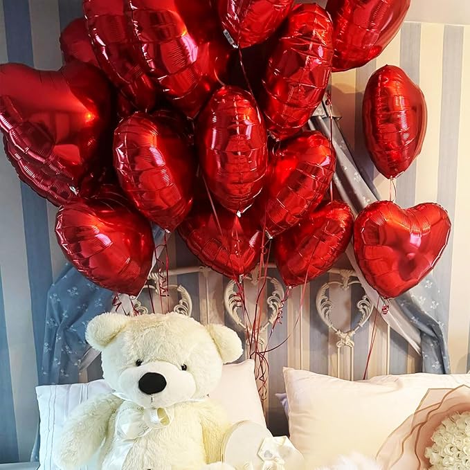 Red Heart Balloons, 18 Inch Metallic Red Foil Balloon Helium 10Pcs