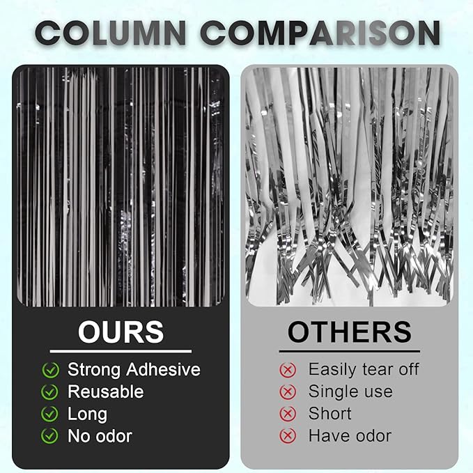 Voircoloria 4 Pack Black Foil Fringe Backdrop Curtains, Tinsel
