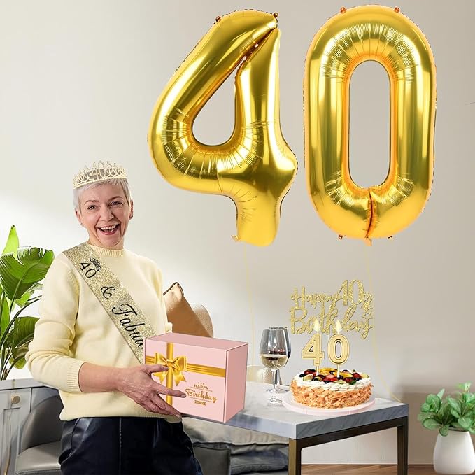 40th Birthday Decorations Women Gold with Sash and Tiara Cake Topper