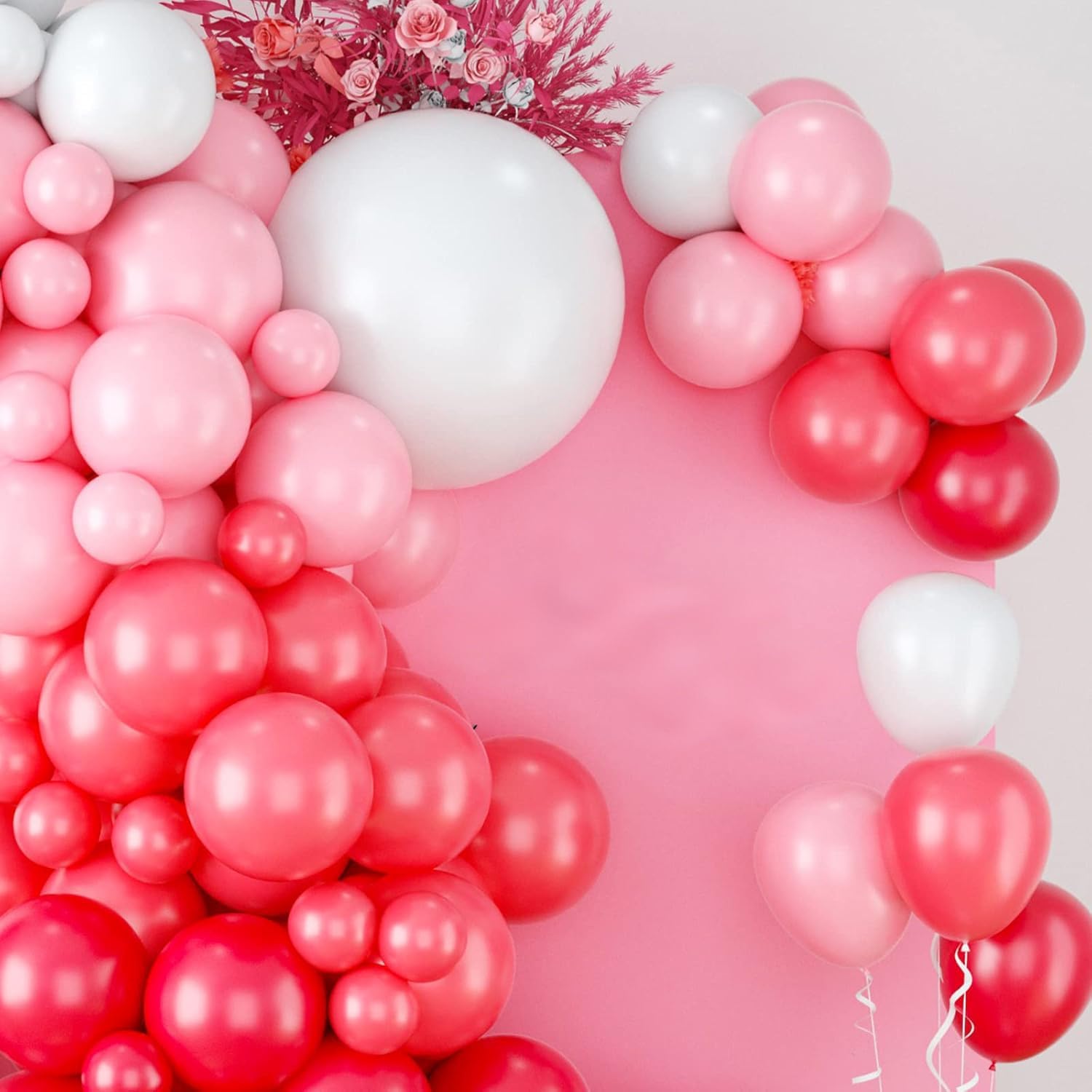 Red Pink Balloon Arch & Garland Kit - White Pink Macaron & Balloons