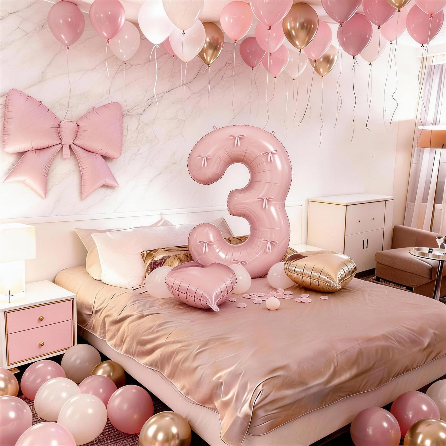 Baby Pink Number 3 Balloon, Dusty Light Pink Gold Cream Latex Balloons