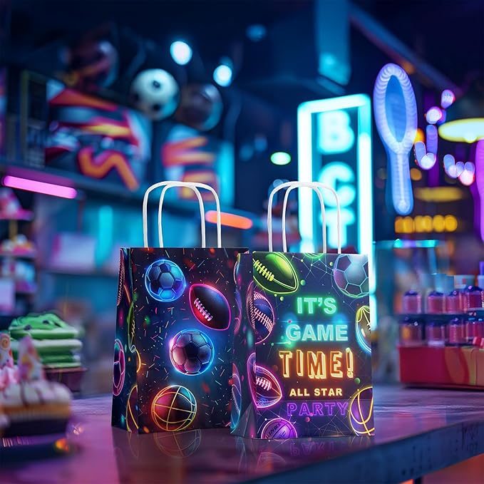 24 Pack Neon Sports Party Favor Bags for Kids Glow in the Dark