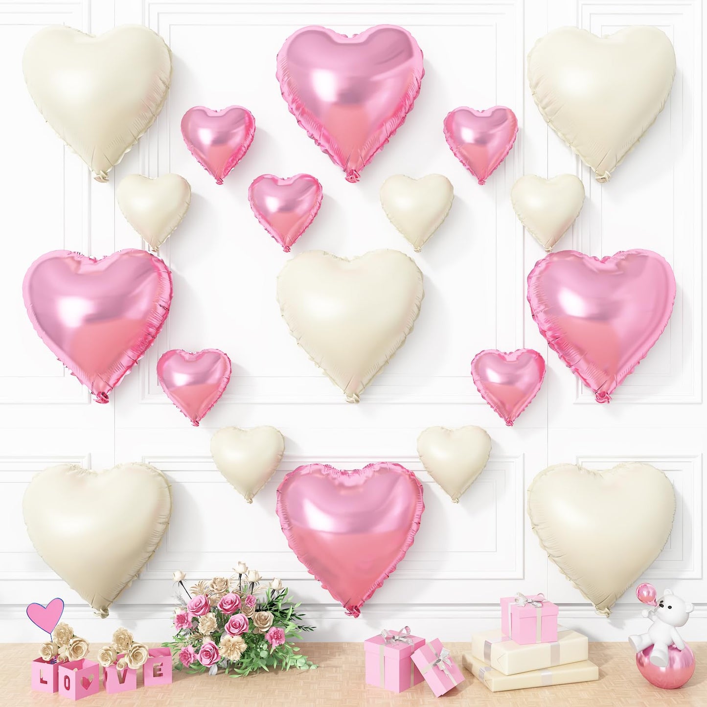 Pink White Heart Balloons, 19PCS Nude White and Pink Heart Shape