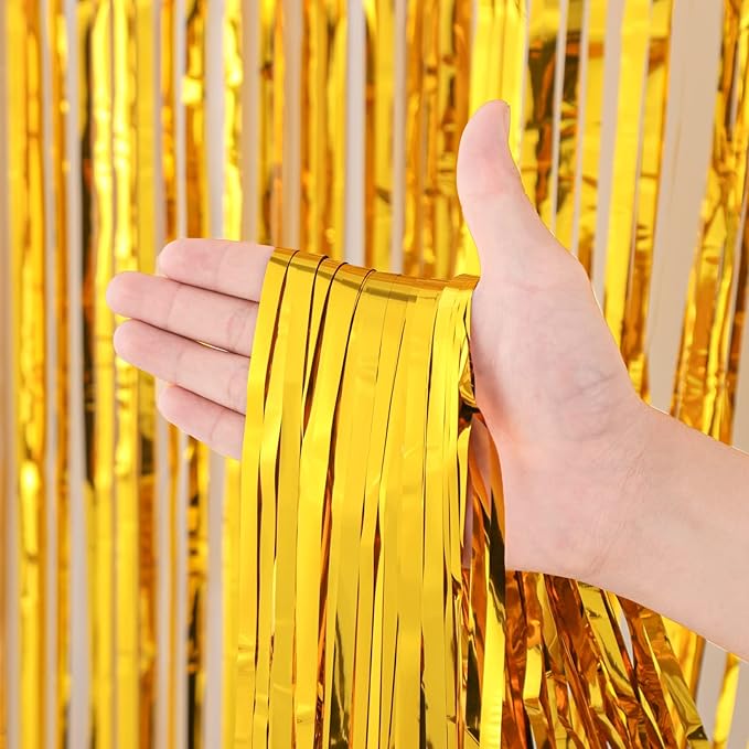 Voircoloria 4 Pack Gold Foil Fringe Backdrop Curtains, Tinsel