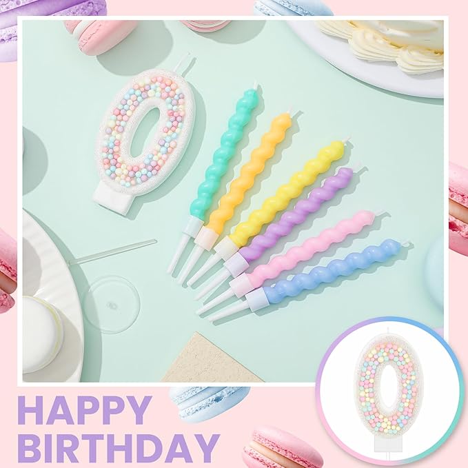 MTLEE Number 0 Birthday Candle with 12 Pcs Spiral Candles for Girls