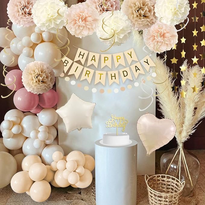 Beige Boho Birthday Decorations for Girls Women Happy Birthday