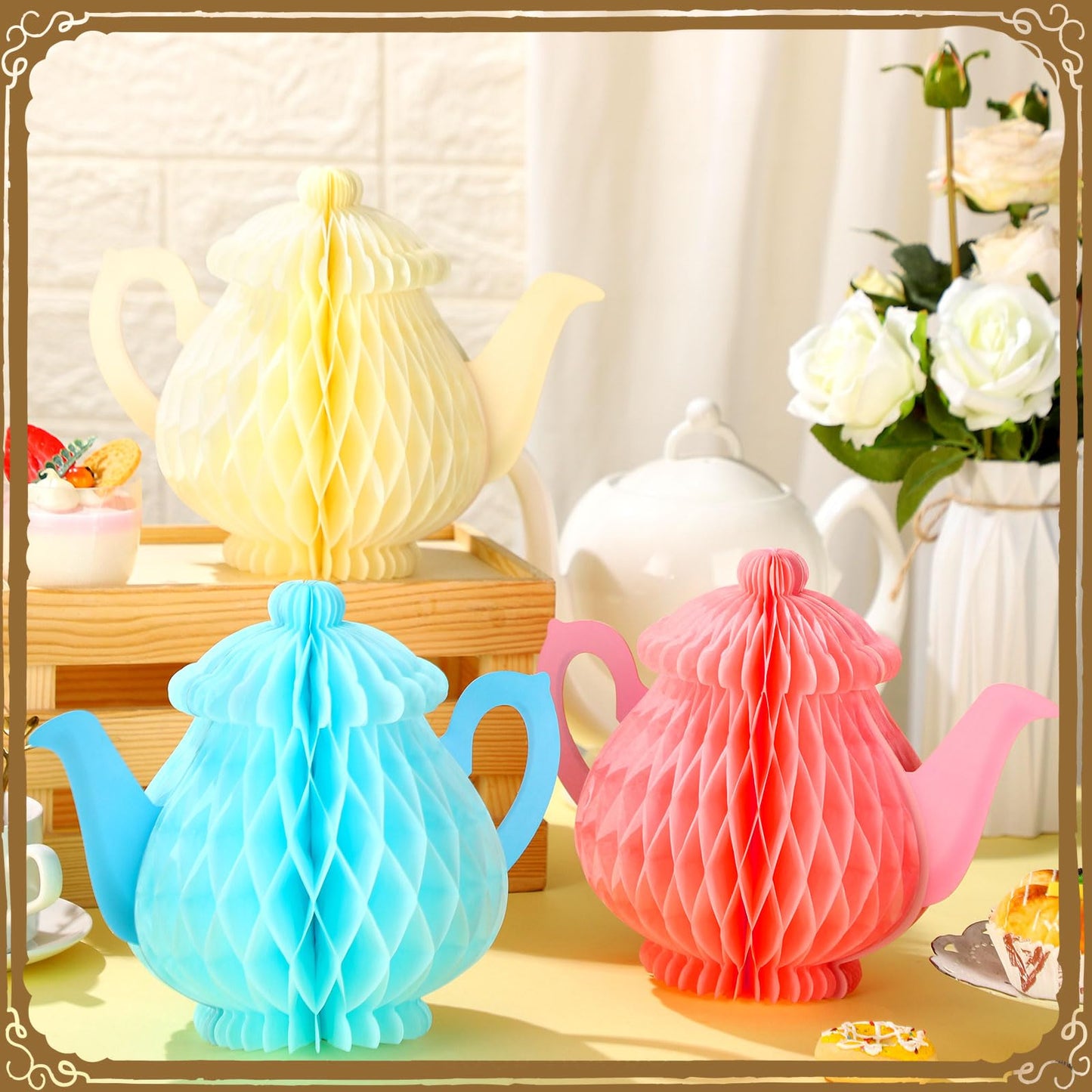 Wettarn 6 Pcs Floral Tea Party Decorations Spring Teapot Honeycomb