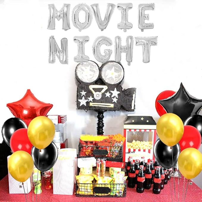 Movie Night Decorations Popcorn Star Foil Balloons for Birthday