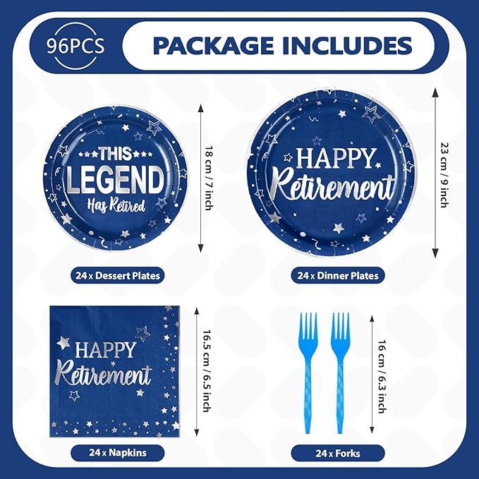96 Pcs Retirement Party Supplies Blue and Silver Happy Retirement