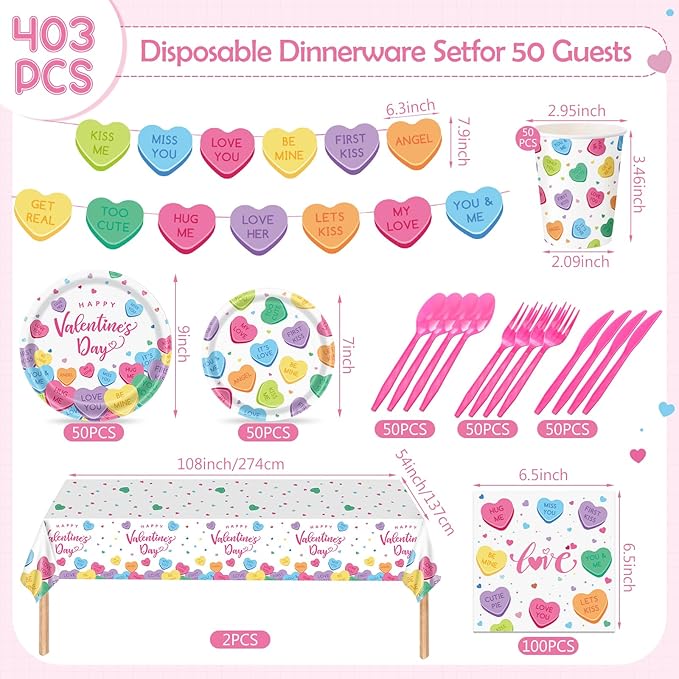 403 Pcs Valentine's Day Party Supplies for 50 Conversation Heart