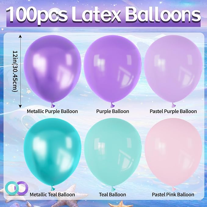 100pcs Mermaid Balloons 12 inch Purple Pink Teal Balloons Set
