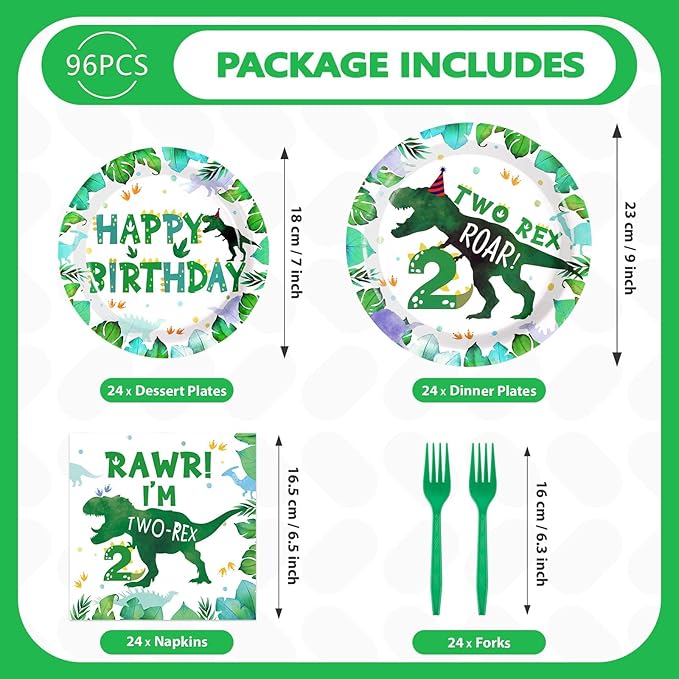 96PCS Dinosaur 2nd Happy Birthday Party Supplies 2nd Dinosaur Plates