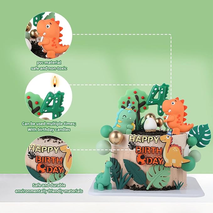 Dinosaur Cake Decorations Set with Dinosaur Leaves Grasses