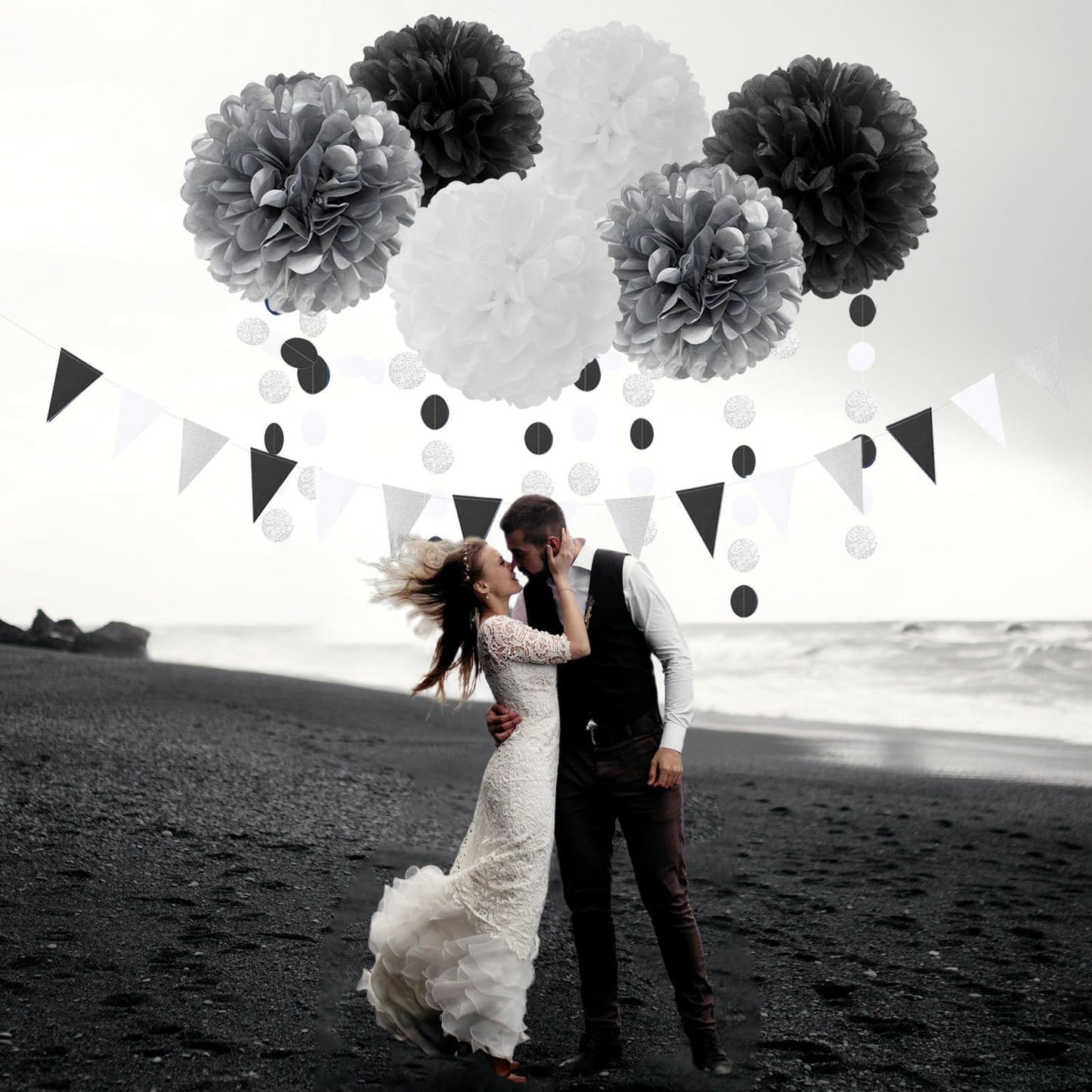 Black White Silver Party-Decorations Streamers - 23pcs Tissue Pom