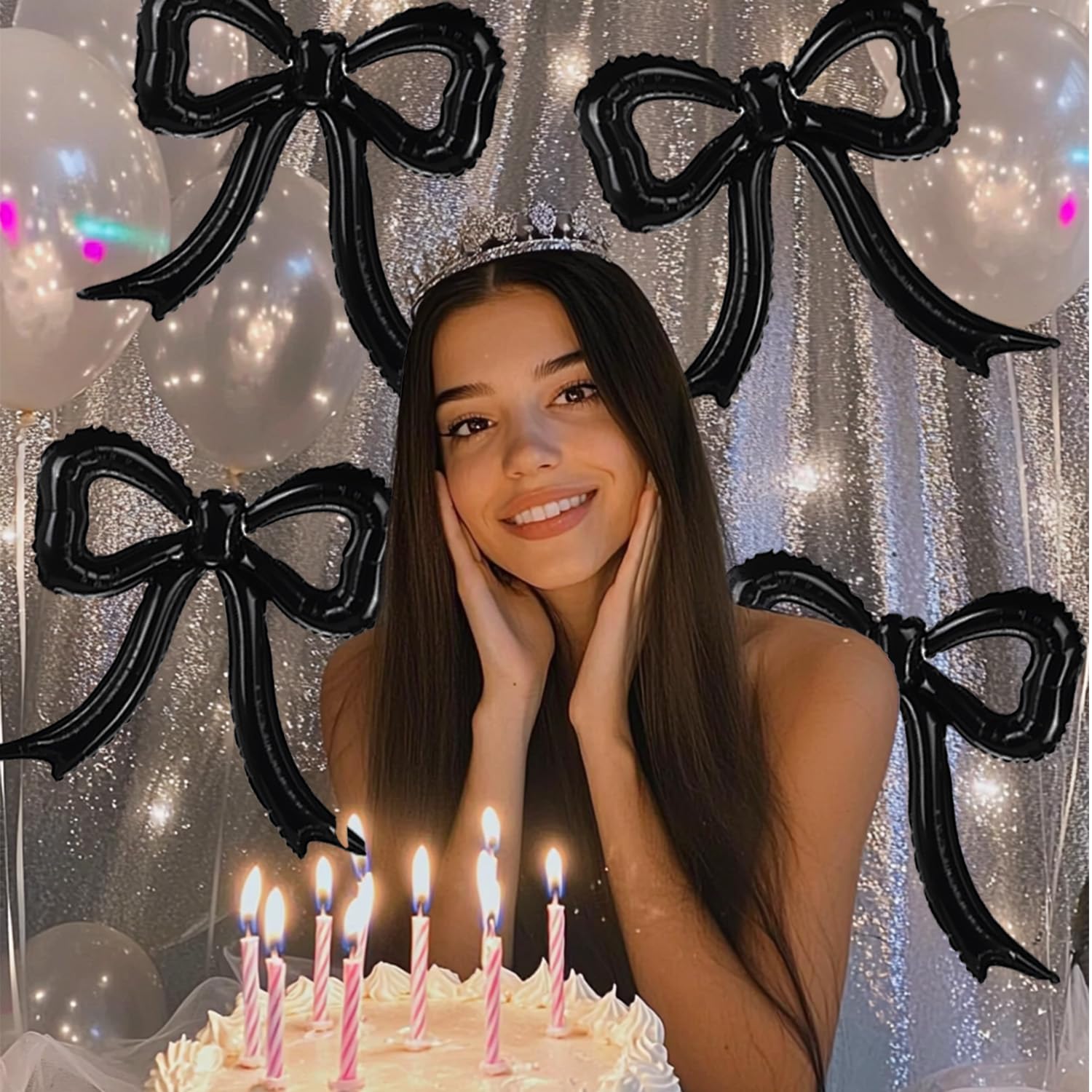 6pcs Black Bow Foil Balloons Bow Mylar Balloon Set for Coquette