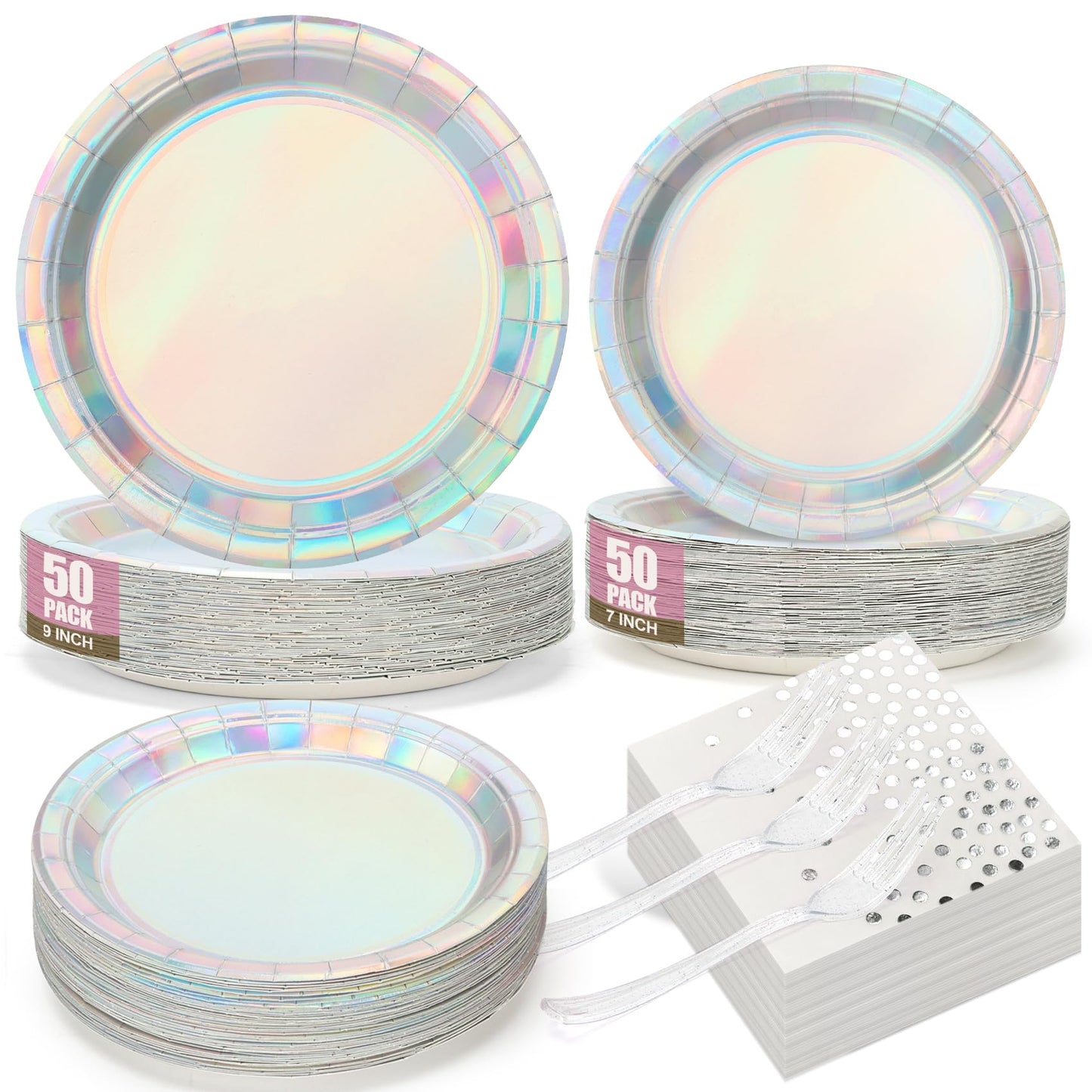 Iridescent Party Plates and Napkins,200pcs | 50 7inch Dessert Plates |