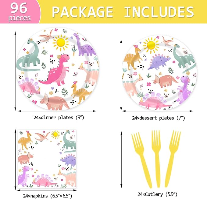 Pastel Dinosaur Plates and Napkins Girl Dino Pink & Purple Three Rex