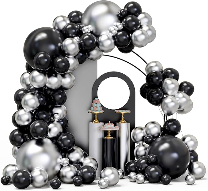Black and Silver Balloons Arch Garland Kit, 134pcs Metallic Chrome