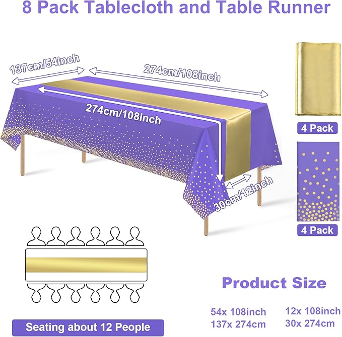 8Pack Disposable Plastic Tablecloths and Satin Table Runner Set